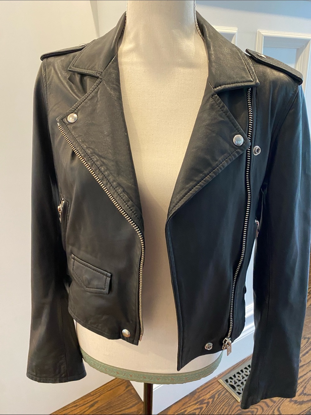 IRO Black Lamb Leather Moto Jacket with Silver Hardware